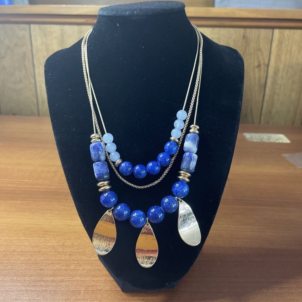 HALOGEN‎ Womens Layered Gold Tone Blue Marbled Stone Multilayered Drop Necklace